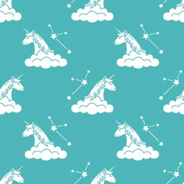 Pattern with magic unicorn, stars, clouds. Stock Illustration