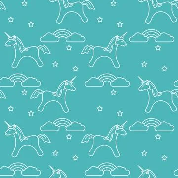 Pattern with magic unicorn, stars, clouds, rainbow 스톡 일러스트