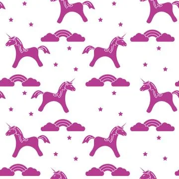 Pattern with magic unicorn, stars, clouds, rainbow Stockillustratie