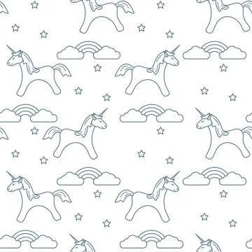 Pattern with magic unicorn, stars, clouds, rainbow Stockillustratie