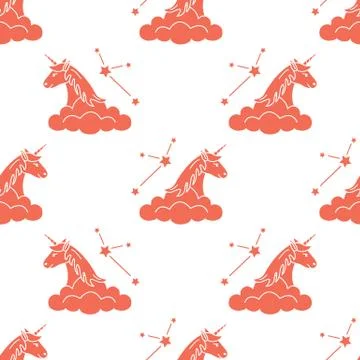 Pattern with magic unicorn, stars, clouds. イラスト素材