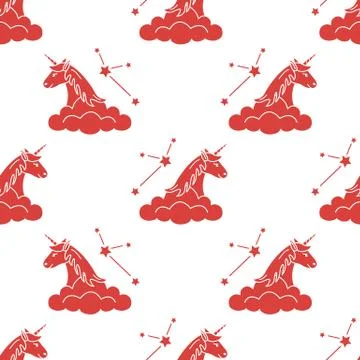 Pattern with magic unicorn, stars, clouds. Stockillustratie