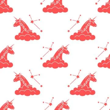 Pattern with magic unicorn, stars, clouds. Stockillustratie
