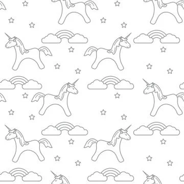 Pattern with magic unicorn, stars, clouds, rainbow Stock Illustration
