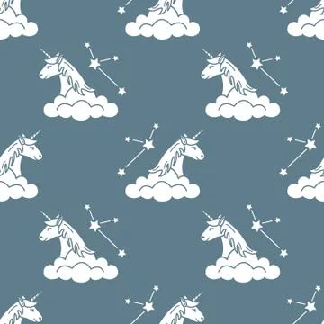 Pattern with magic unicorn, stars, clouds. 库存插图