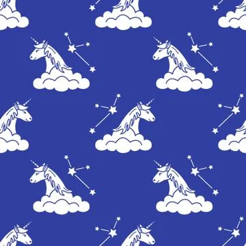 Pattern with magic unicorn, stars, clouds. イラスト素材