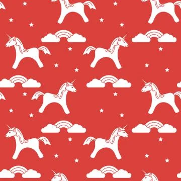 Pattern with magic unicorn, stars, clouds, rainbow Stock Illustration
