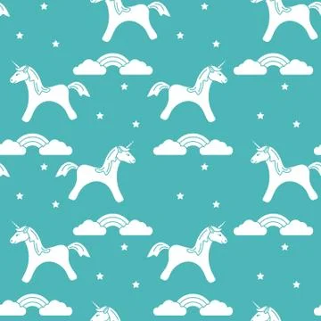 Pattern with magic unicorn, stars, clouds, rainbow Stockillustratie