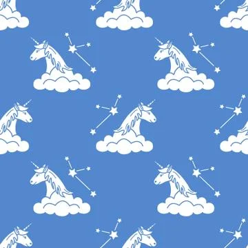 Pattern with magic unicorn, stars, clouds. Stockillustratie