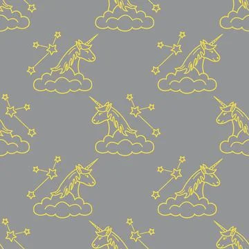 Pattern with magic unicorn, stars, clouds. Stock Illustration