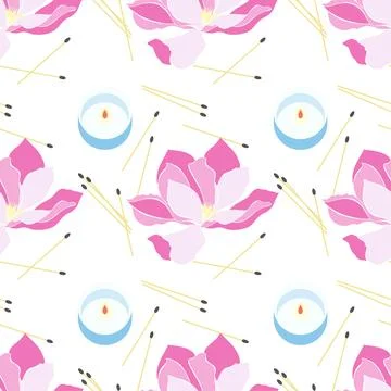 Pattern with Magnolia and blue Candles, fire and matches, spa treatments Stock Illustration