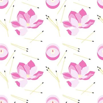 Pattern with Magnolia and Candles, fire and matches, pink color, spa treatments Stock Illustration