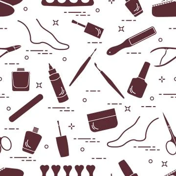 Pattern of manicure and pedicure tools and products for beauty and care. Stock Illustration