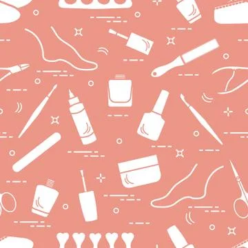 Pattern of manicure and pedicure tools and products for beauty and care. Stock Illustration