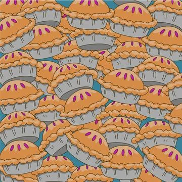 A pattern of many different kinds of fruits pies. Sweet Food pattern with blue b Stock Illustration