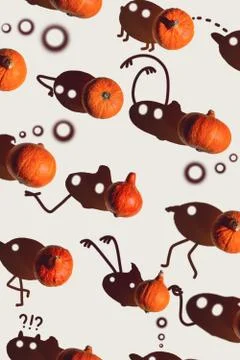 Pattern of many different pumpkins with a hard shadow on a gray background. H Stock Photos