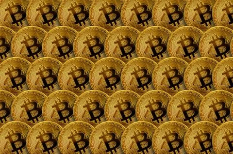Pattern of many golden bitcoins. Cryptocurrency mining concept 스톡 사진