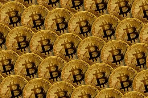 Pattern of many golden bitcoins. Cryptocurrency mining concept Stock Photos