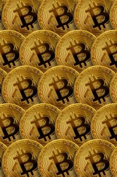 Pattern of many golden bitcoins. Cryptocurrency mining concept 스톡 사진