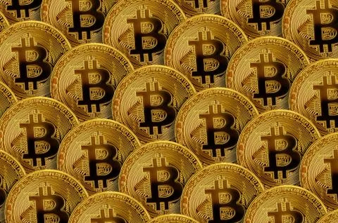 Pattern of many golden bitcoins. Cryptocurrency mining concept Stock Photos