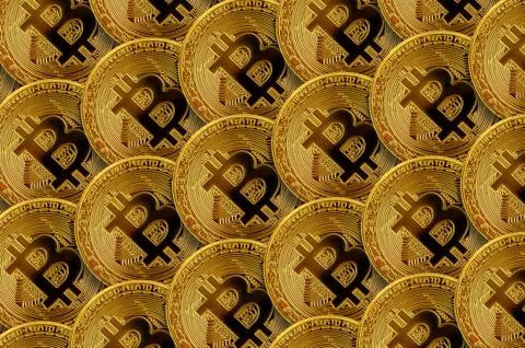 Pattern of many golden bitcoins. Cryptocurrency mining concept 스톡 사진