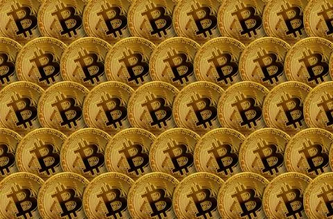 Pattern of many golden bitcoins. Cryptocurrency mining concept Pattern of ... 스톡 사진