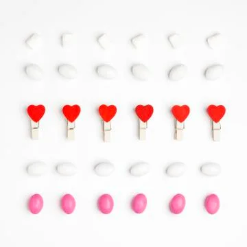 Pattern Marshmallow, White and Pink Candies and Clothespin with red hearts To Stock Photos