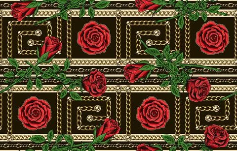 Pattern with meander borders, gold chains, roses Illustrazione stock
