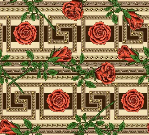 Pattern with meander borders, gold chains, roses Stock Illustration