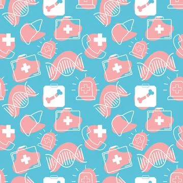 Pattern with medical color elements of dna, lever, health kit, phone, radiograph イラスト素材