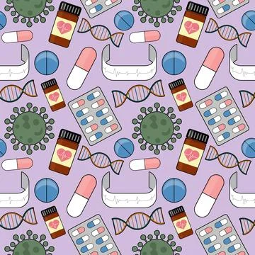 Pattern with medical elements of pills, blister, virus, dna and cardiogram Stock Illustration