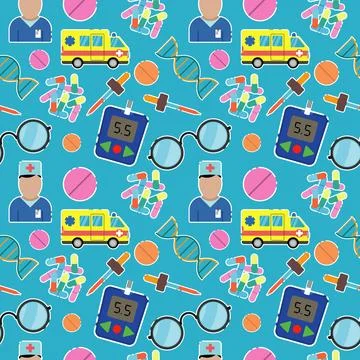 Pattern with medical elements of pills, doctor, ambulance, glucometer, glasses Stock Illustration