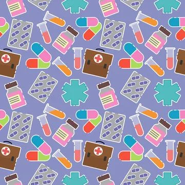 Pattern with medical elements of pills, sign, lab tubes, blister of pills and Illustrazione stock