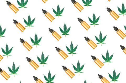 Pattern with Medical marijuana CBD or THC oil and Cannabis leaf on white back Stock Illustration