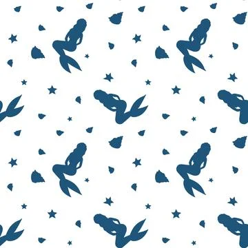 Pattern with a mermaid silhouette, shells, and starfish. Transparent backgro 库存插图