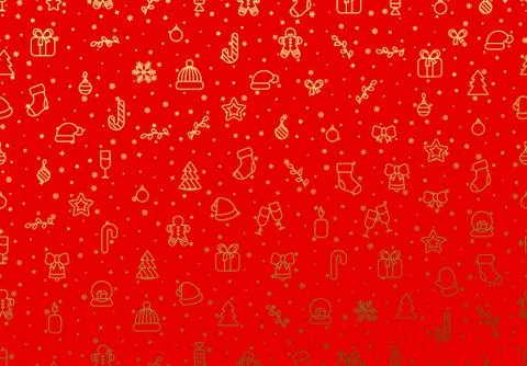 Pattern Merry Christmas red background with Xmas Golden objects, linear style イラスト素材