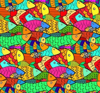 Pattern with mess of cute cartoon aquarium fishes Stock Illustration