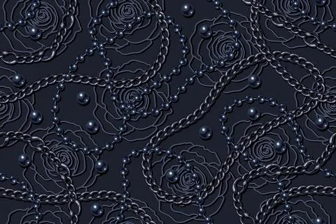 Pattern with metal chains, beads, outline roses Illustrazione stock