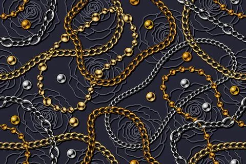 Pattern with metal chains, beads, roses Illustrazione stock