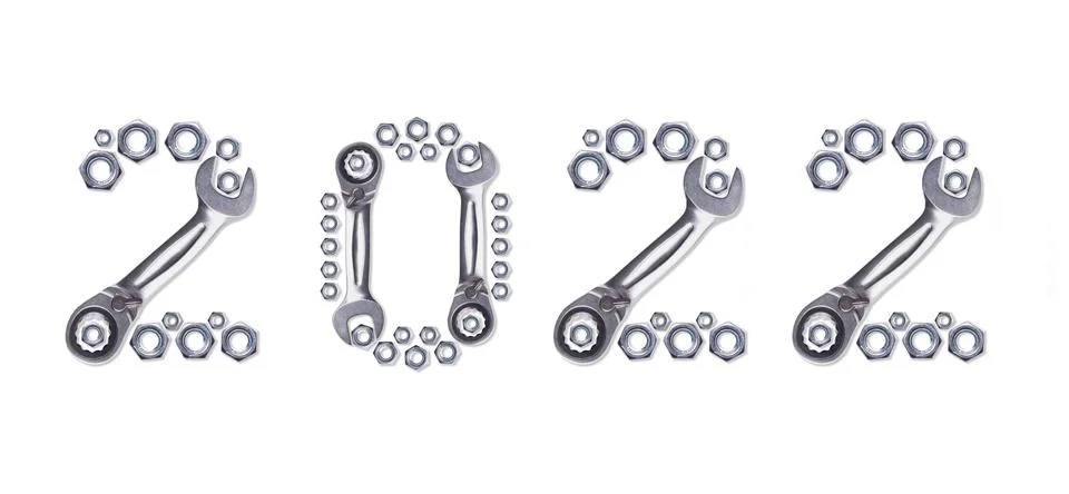 Pattern of metal nuts for bolts, numbers 2020 New Year, isolate on a white ba Stock Illustration