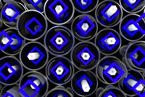 Pattern of metal tubes, hexagons, square elements and glass surfaces Stock Illustration