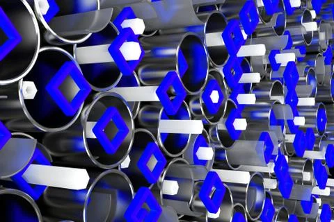 Pattern of metal tubes, hexagons, square elements and glass surfaces Stock Illustration