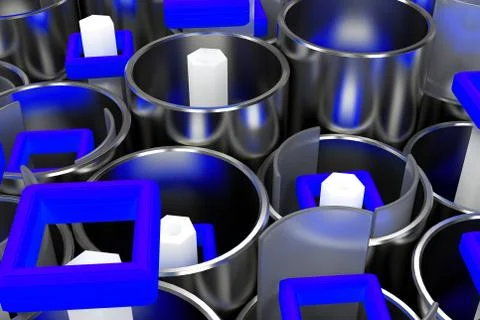 Pattern of metal tubes, hexagons, square elements and glass surfaces Stock Illustration