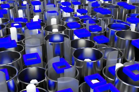 Pattern of metal tubes, hexagons, square elements and glass surfaces Stock Illustration