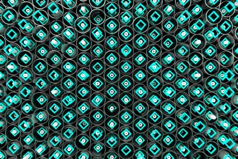 Pattern of metal tubes, hexagons, square elements and glass surfaces Stock Illustration