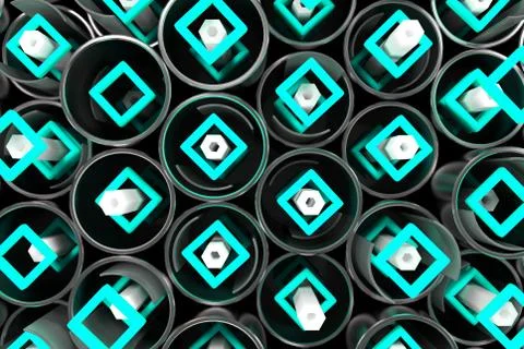 Pattern of metal tubes, hexagons, square elements and glass surfaces Stockillustratie