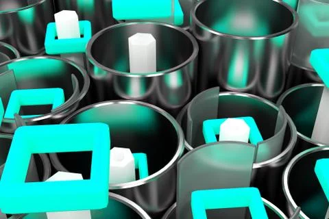 Pattern of metal tubes, hexagons, square elements and glass surfaces Stock Illustration