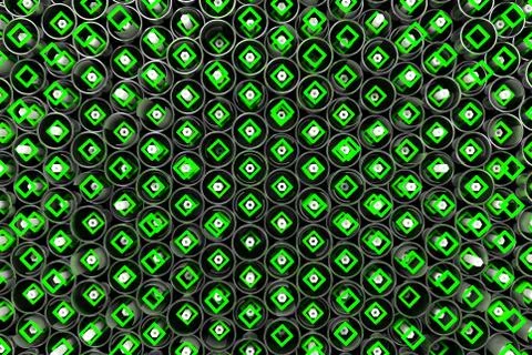 Pattern of metal tubes, hexagons, square elements and glass surfaces Stock Illustration