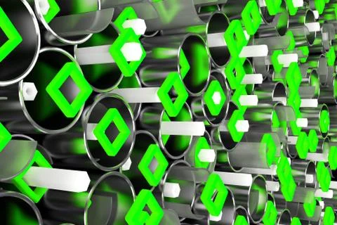 Pattern of metal tubes, hexagons, square elements and glass surfaces Stock Illustration