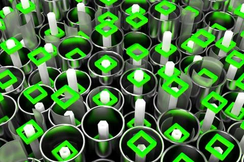 Pattern of metal tubes, hexagons, square elements and glass surfaces Stock Illustration